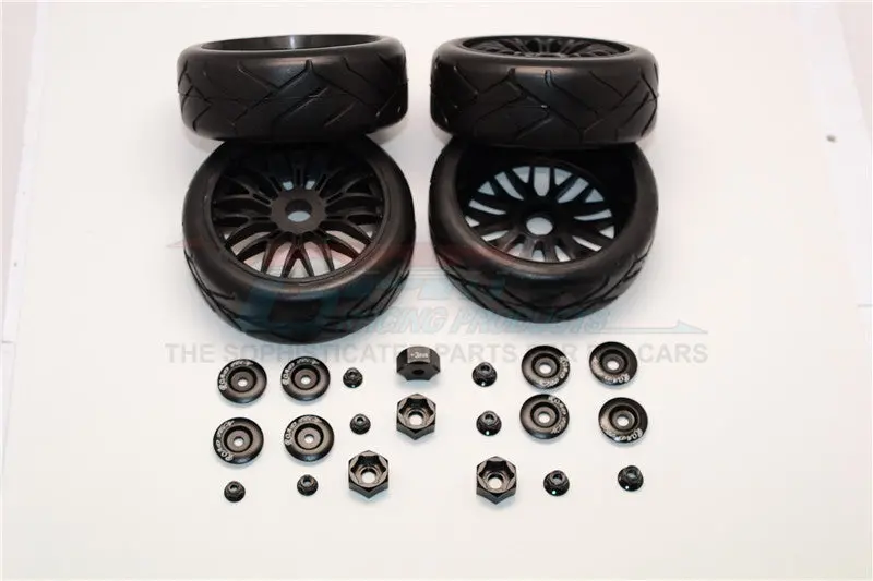 Rubber Radial Tires With Plastic Wheels With 12Mm To 17Mm Converter, 4Mm & 5Mm Wheel Lock - 4Pcs Set Black 1