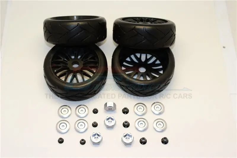 Rubber Radial Tires With Plastic Wheels With 12Mm To 17Mm Converter, 4Mm & 5Mm Wheel Lock - 4Pcs Set Gray Silver 1