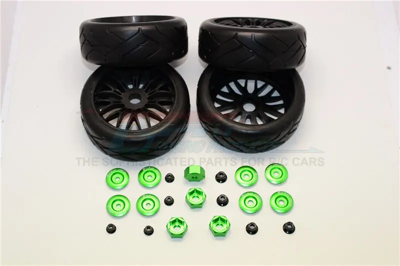 Rubber Radial Tires With Plastic Wheels With 12Mm To 17Mm Converter, 4Mm & 5Mm Wheel Lock - 4Pcs Set Green 1