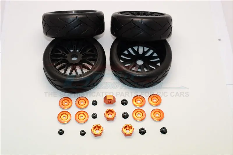 Rubber Radial Tires With Plastic Wheels With 12Mm To 17Mm Converter, 4Mm & 5Mm Wheel Lock - 4Pcs Set Orange 1