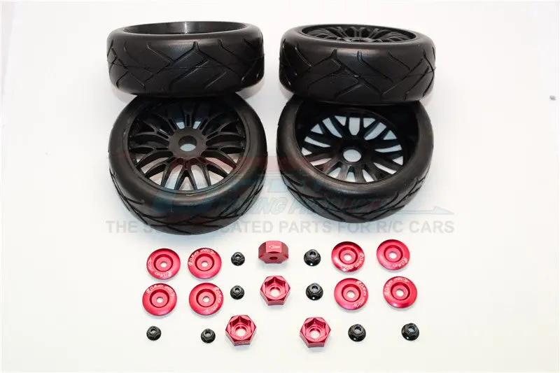 Rubber Radial Tires With Plastic Wheels With 12Mm To 17Mm Converter, 4Mm & 5Mm Wheel Lock - 4Pcs Set Red 1