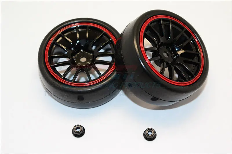 Rubber Slick Tires Of 26Mm Width Mount With 7 Spokes Plastic Wheels - 1Pr Set Black+Red 1