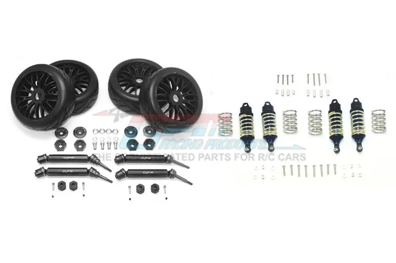 Traxxas Rustler 4X4 Vxl (67076-4) Upgrade Parts Front & Rear Aluminum Shocks + Steel #45 Axles + Spring Steel Hex + Rubber Radial Tires (Low Center Of Gravity Set) - 88Pc Set Black 1