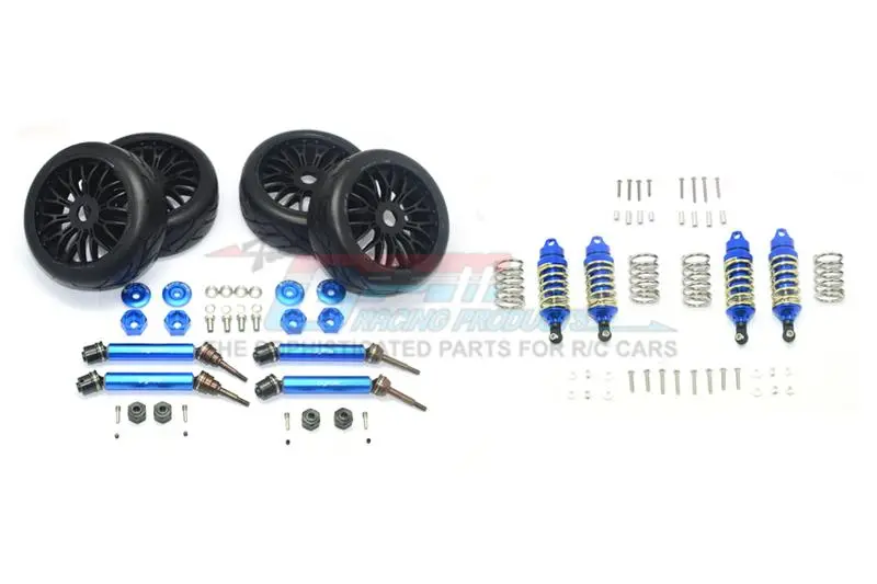 Traxxas Rustler 4X4 Vxl (67076-4) Upgrade Parts Front & Rear Aluminum Shocks + Steel #45 Axles + Spring Steel Hex + Rubber Radial Tires (Low Center Of Gravity Set) - 88Pc Set Blue 1