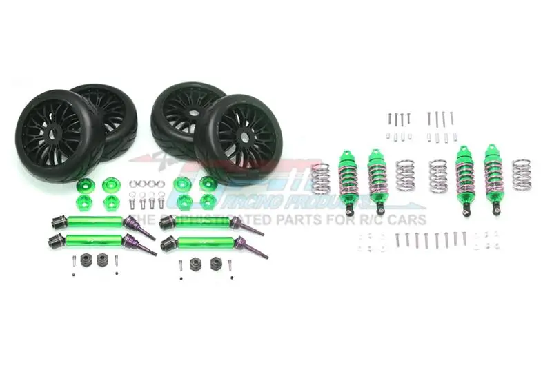 Traxxas Rustler 4X4 Vxl (67076-4) Upgrade Parts Front & Rear Aluminum Shocks + Steel #45 Axles + Spring Steel Hex + Rubber Radial Tires (Low Center Of Gravity Set) - 88Pc Set Green 1