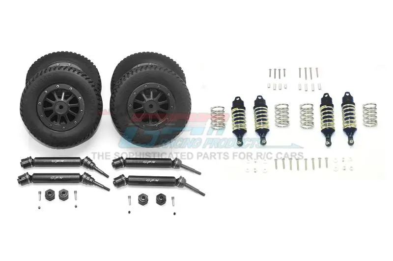 Traxxas Rustler 4X4 Vxl (67076-4) Upgrade Parts Front & Rear Aluminum Shocks + Steel #45 Axles + Spring Steel Hex + Rubber Tires With Metal Rim (Low Center Of Gravity Set) - 68Pc Set Black 1