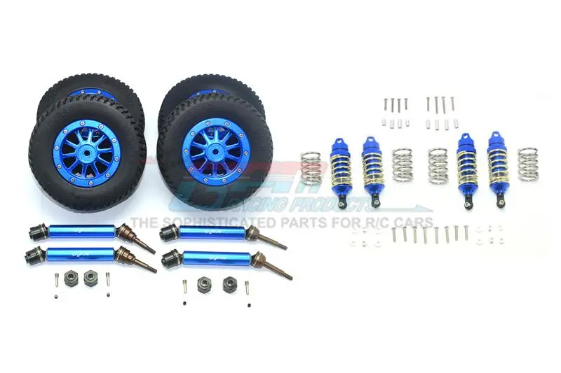 Traxxas Rustler 4X4 Vxl (67076-4) Upgrade Parts Front & Rear Aluminum Shocks + Steel #45 Axles + Spring Steel Hex + Rubber Tires With Metal Rim (Low Center Of Gravity Set) - 68Pc Set Blue 1