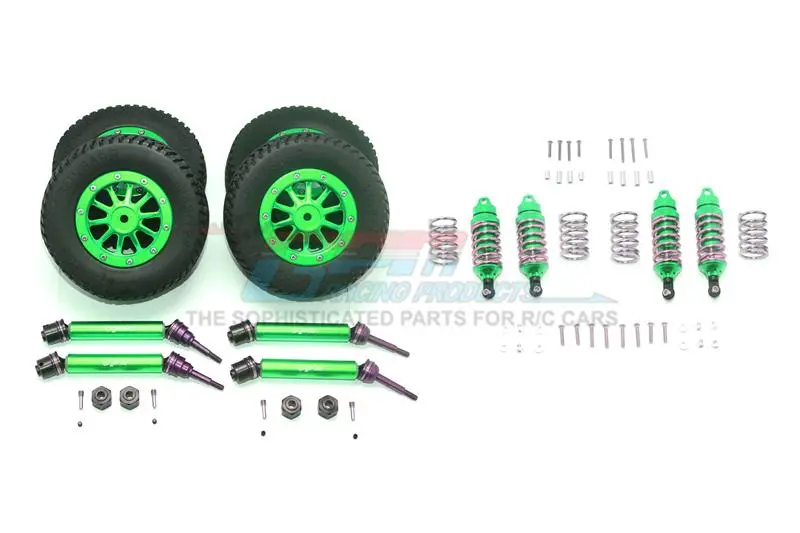 Traxxas Rustler 4X4 Vxl (67076-4) Upgrade Parts Front & Rear Aluminum Shocks + Steel #45 Axles + Spring Steel Hex + Rubber Tires With Metal Rim (Low Center Of Gravity Set) - 68Pc Set Green 1