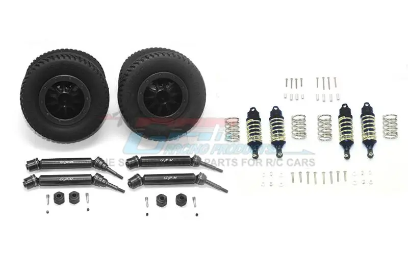 Traxxas Rustler 4X4 Vxl (67076-4) Upgrade Parts Front & Rear Aluminum Shocks + Steel #45 Axles + Spring Steel Hex + Rubber Tires With Plastic Rim (Low Center Of Gravity Set) - 68Pc Set Black 1