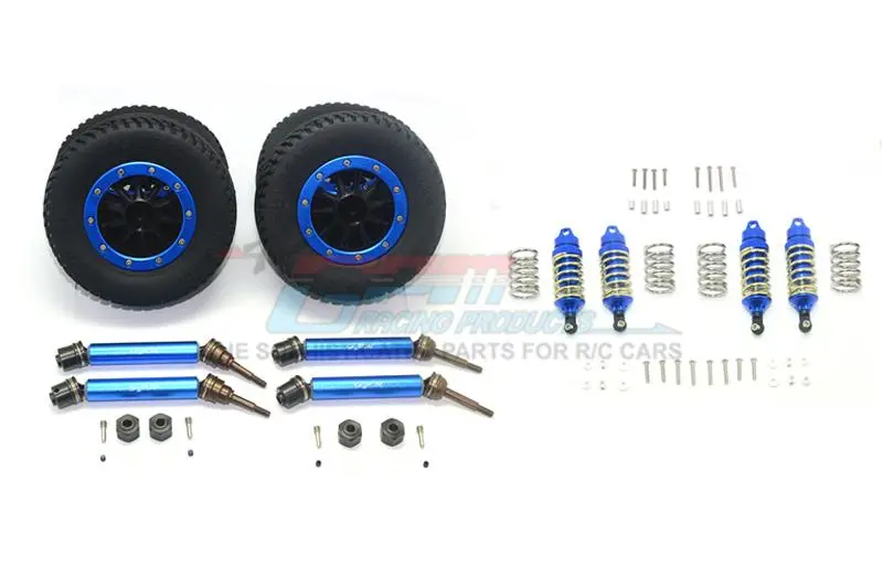 Traxxas Rustler 4X4 Vxl (67076-4) Upgrade Parts Front & Rear Aluminum Shocks + Steel #45 Axles + Spring Steel Hex + Rubber Tires With Plastic Rim (Low Center Of Gravity Set) - 68Pc Set Blue 1