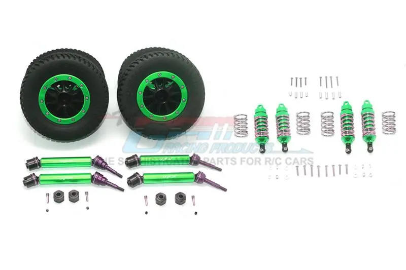 Traxxas Rustler 4X4 Vxl (67076-4) Upgrade Parts Front & Rear Aluminum Shocks + Steel #45 Axles + Spring Steel Hex + Rubber Tires With Plastic Rim (Low Center Of Gravity Set) - 68Pc Set Green 1