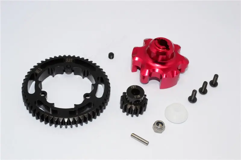 Traxxas X-Maxx 4X4 Aluminum Gear Adapter + Steel Spur Gear 53T + Motor Gear 15T - 1 Set Red 1