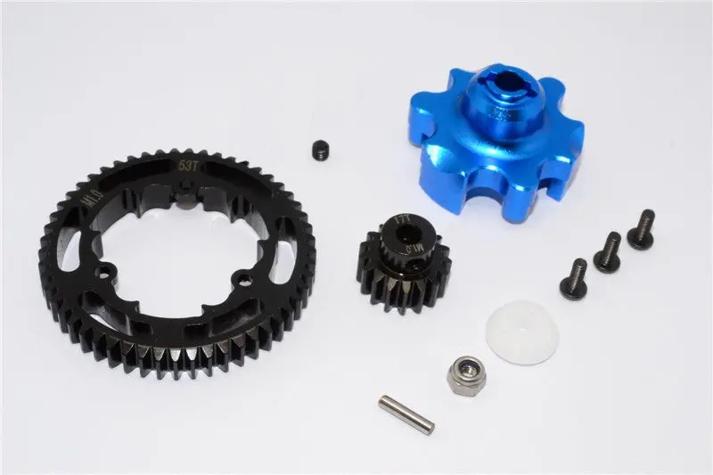 Traxxas X-Maxx 4X4 Aluminum Gear Adapter + Steel Spur Gear 53T + Motor Gear 17T - 1 Set Blue 1