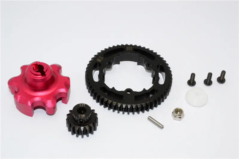 Traxxas X-Maxx 4X4 Aluminum Gear Adapter + Steel Spur Gear 55T + Motor Gear 17T - 1 Set Red 1