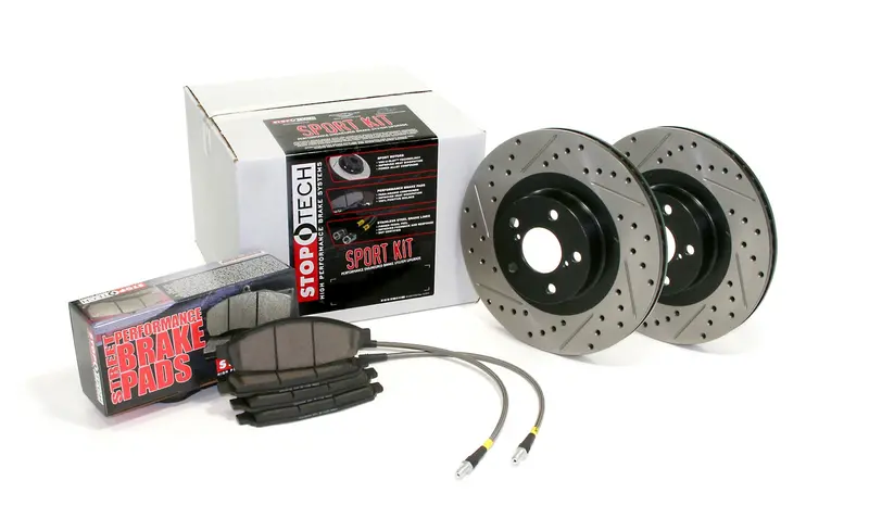 Stoptech 978.42019F Front Sport Brake Kit – Slotted & Drilled Rotors With Stainless Brake Lines 1